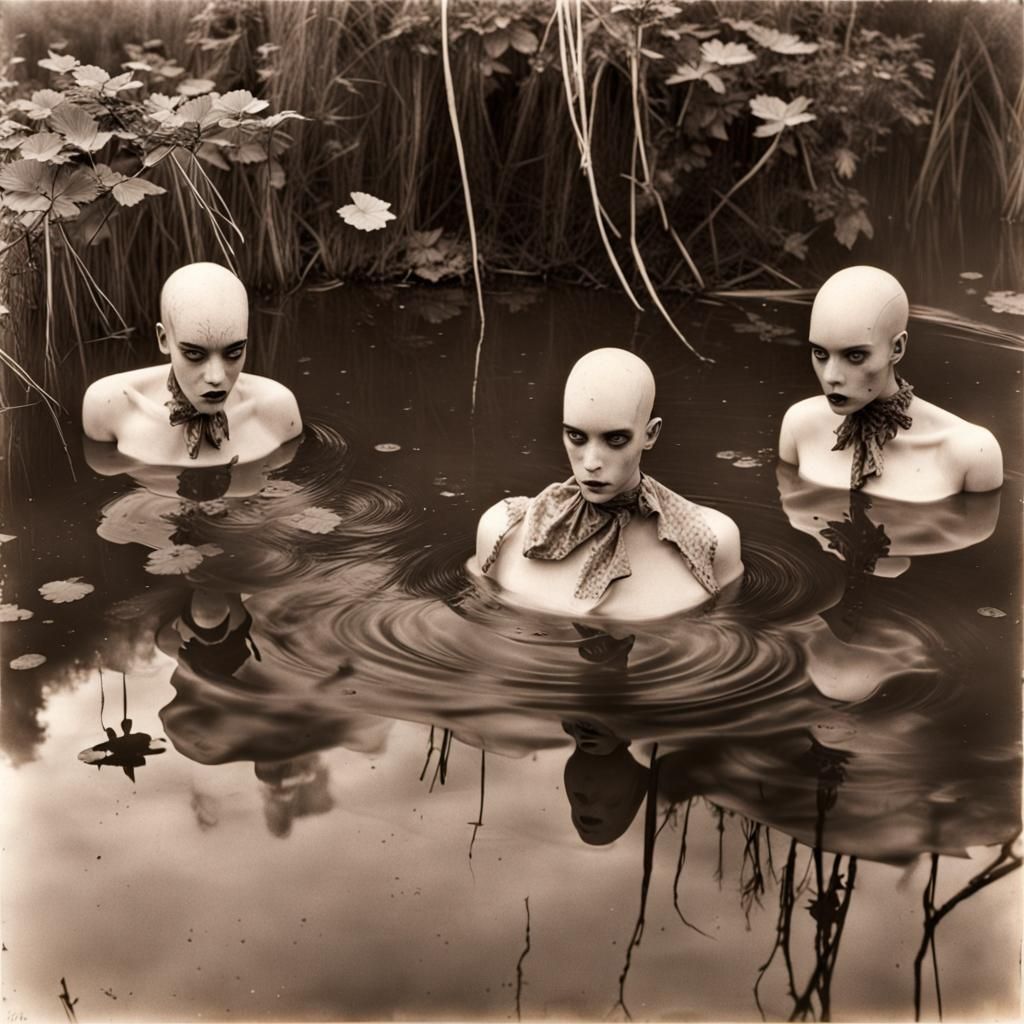 Surreal Pond Scene with Uncanny Dummies