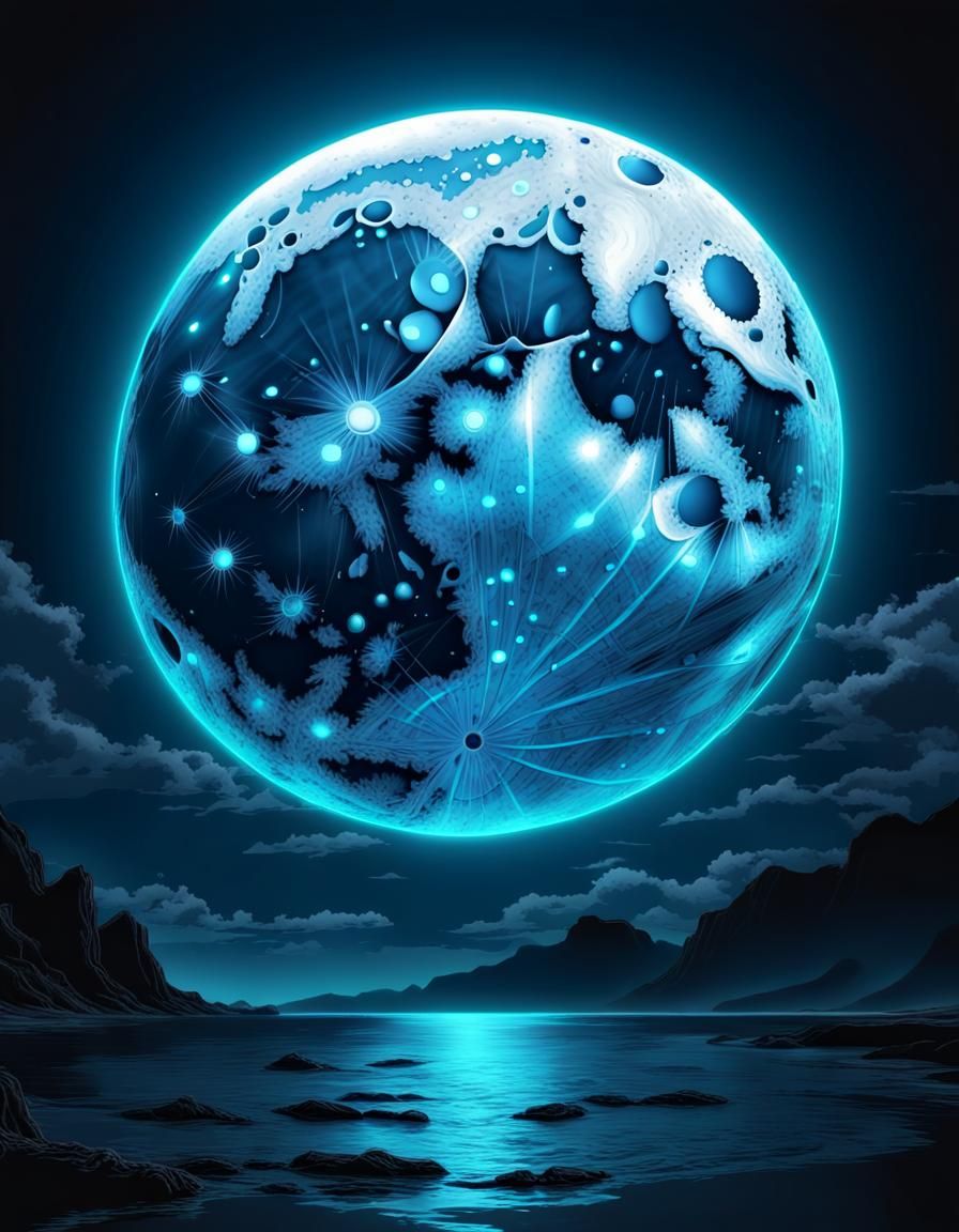 Neon Bioluminescent Full Moon in 3D