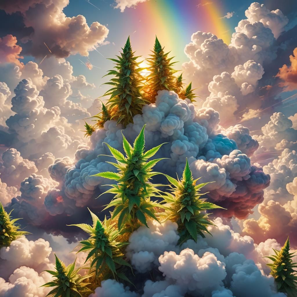 Marijuana Leaves on Rainbow Clouds: Fantasy Concept Art