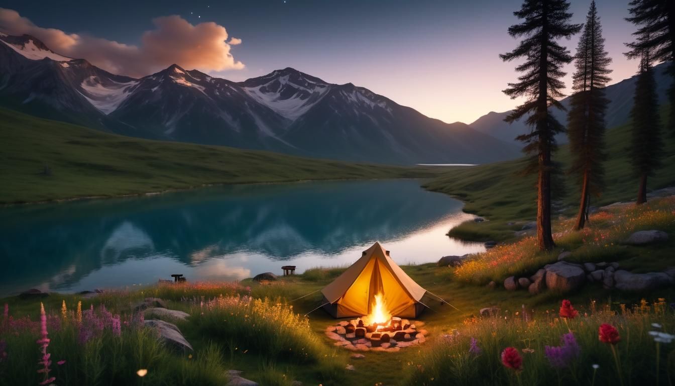 Luxury Campsite at Mountain Lake: 4K Drone View