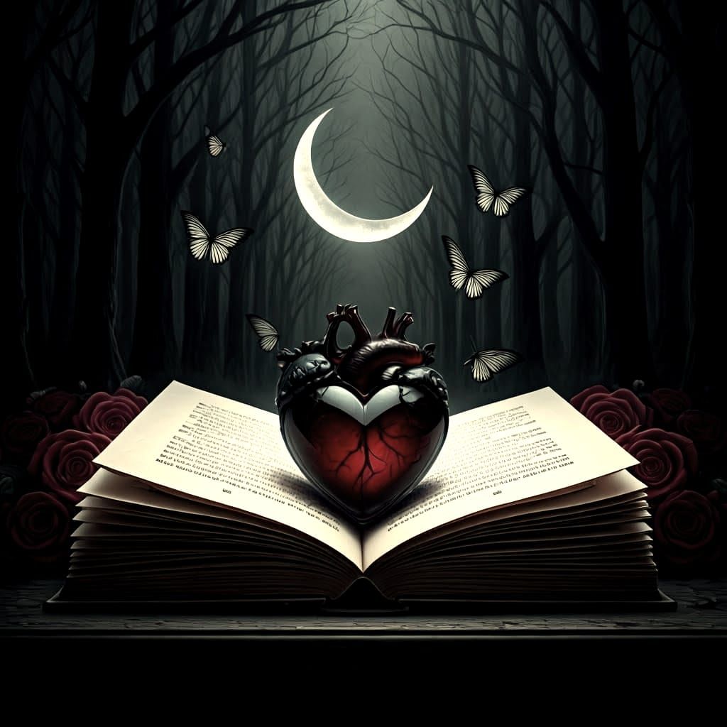 Dark Purple Heart with Crescent Moon and Roses