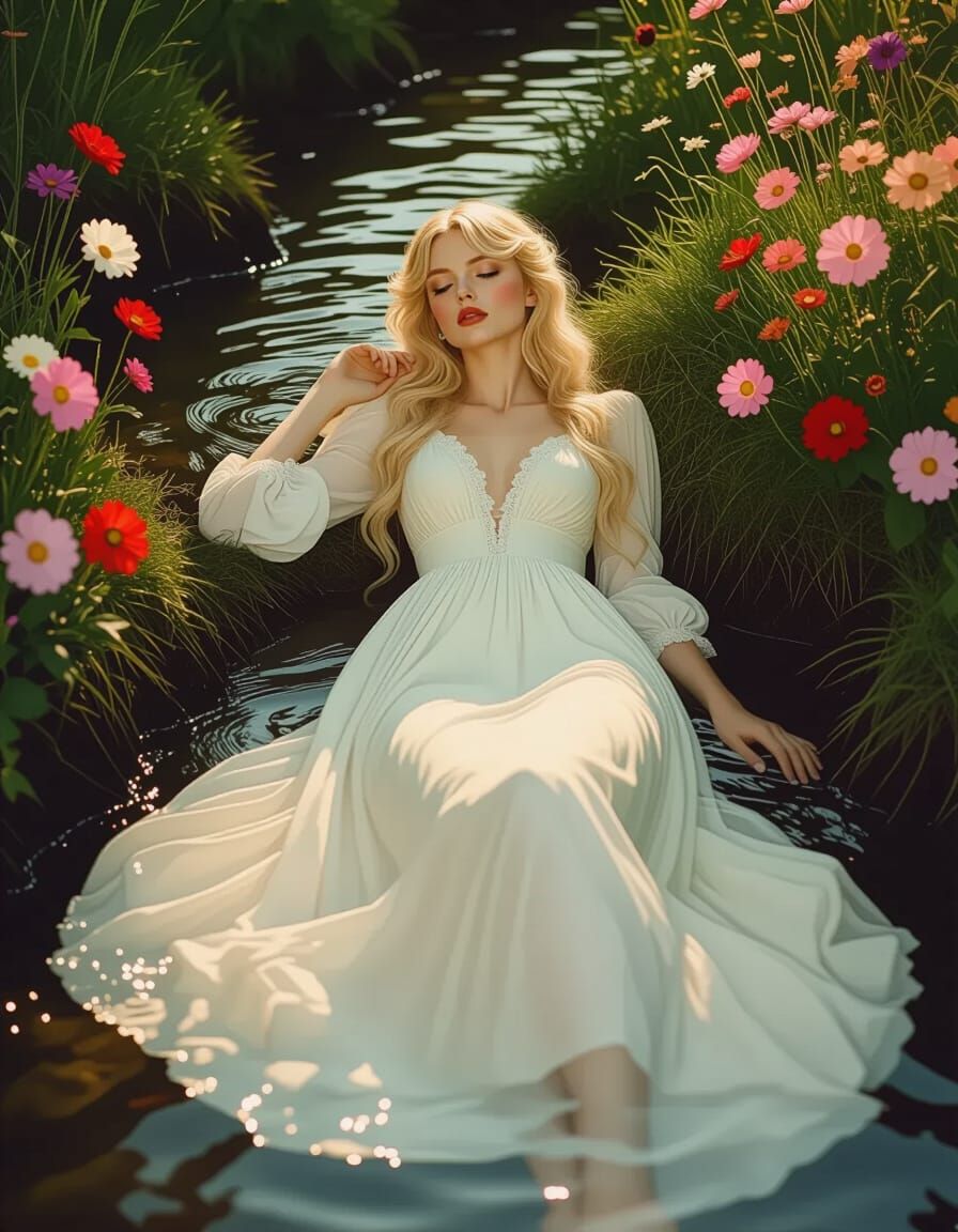 Ethereal Blonde Woman in Flowing Dress by Stream