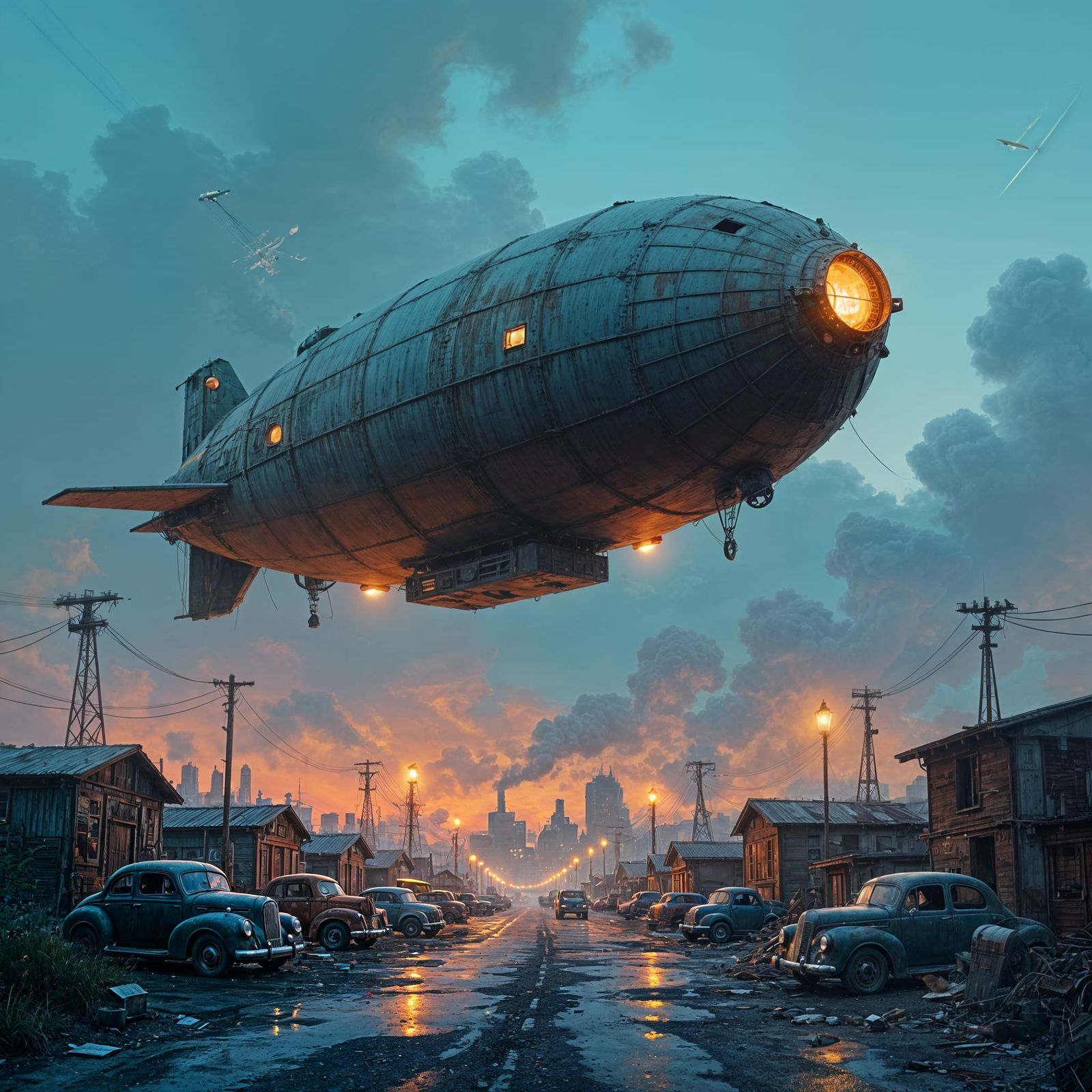 Dieselpunk Zeppelin Over Junkyard City at Night