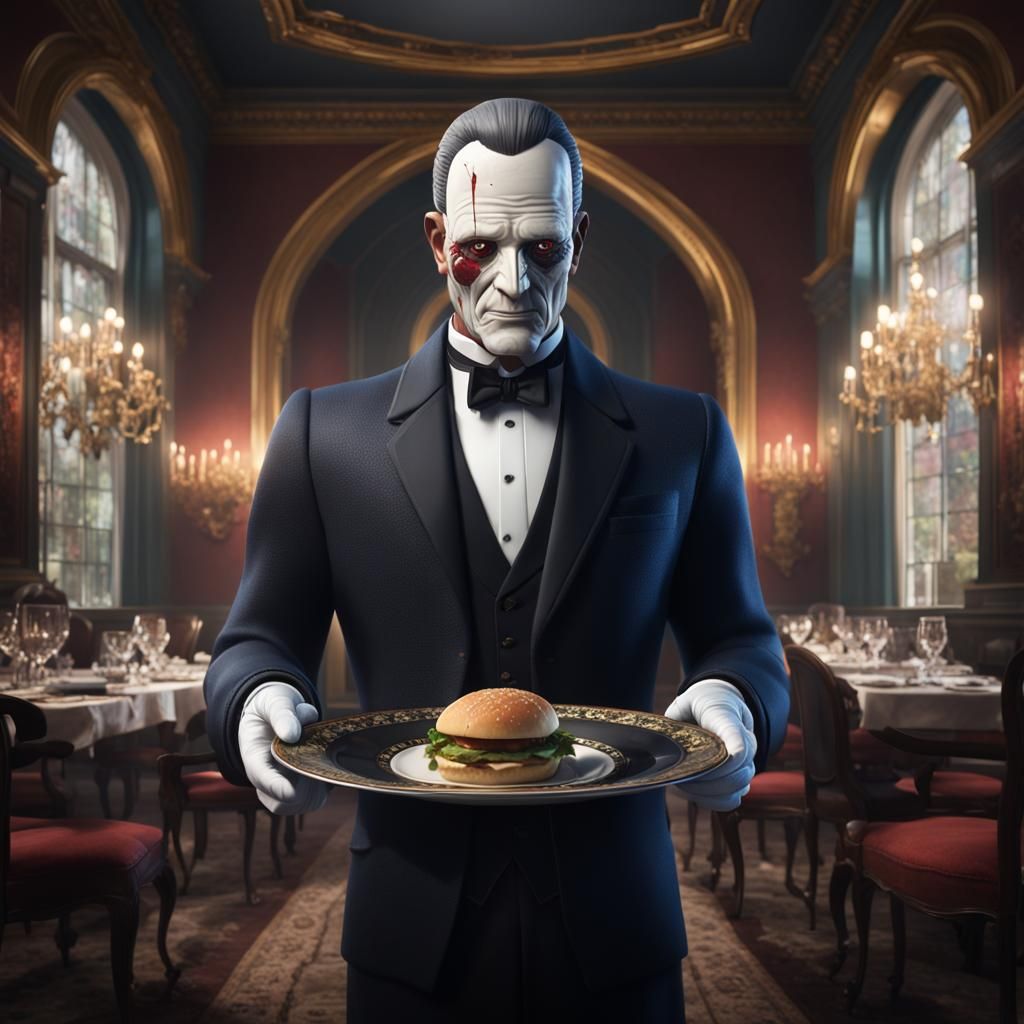 Butler Serving Eyeless Head: Detailed Matte Painting