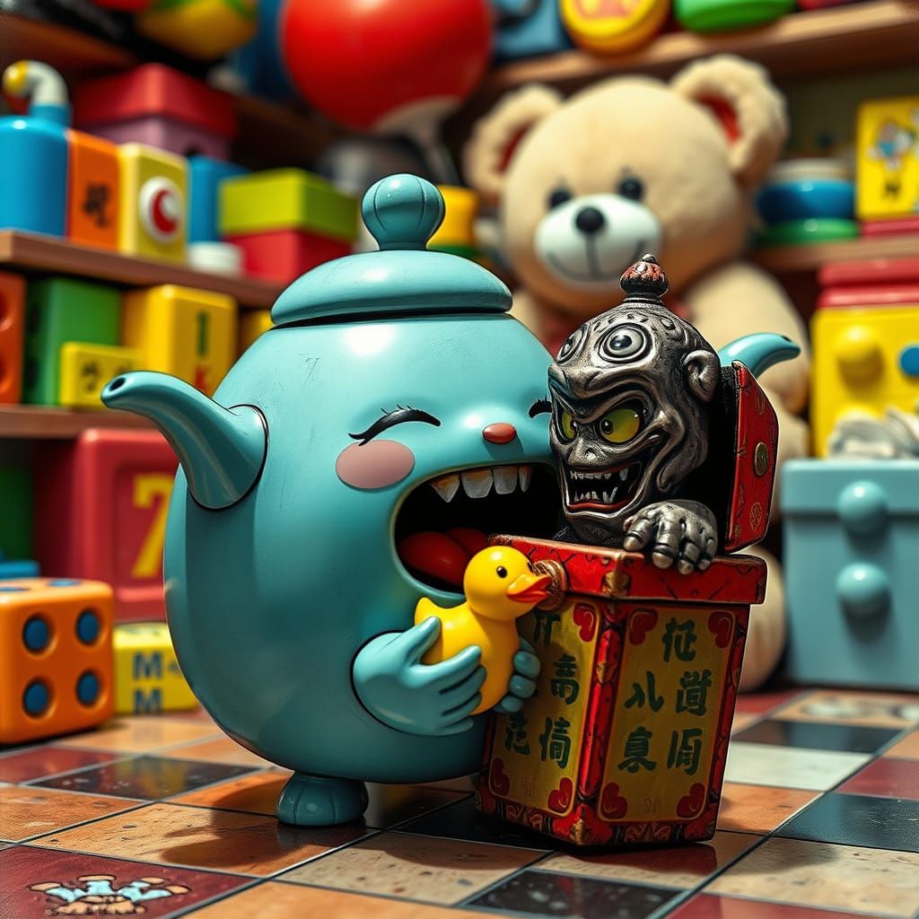Surreal Anime Teapot Battles Evil Toy in Vibrant, Cluttered ...