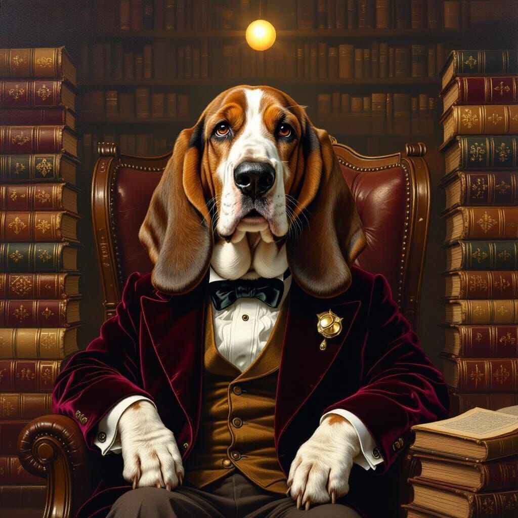 Basset Hound in Renaissance Library Oil Painting