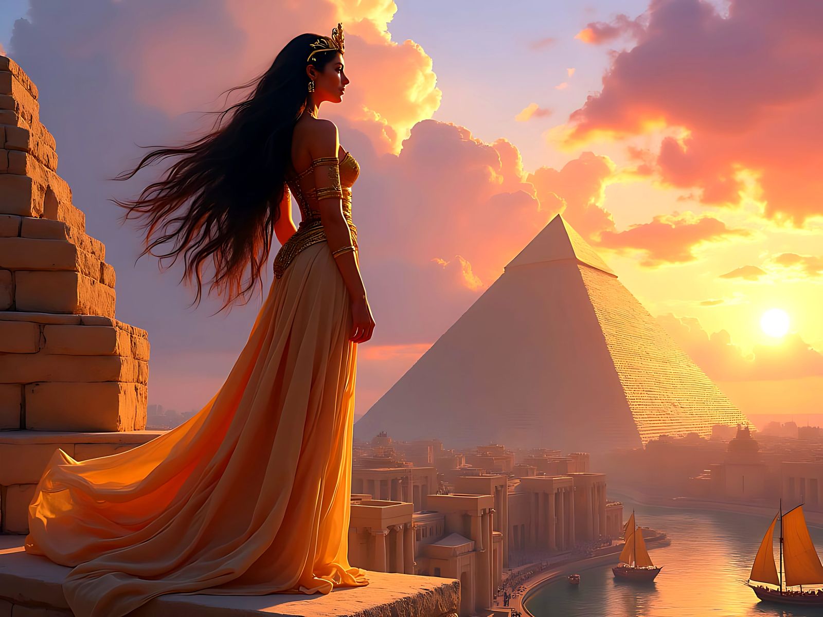 Egyptian Priestess on Pyramid in Fantasy Art Style