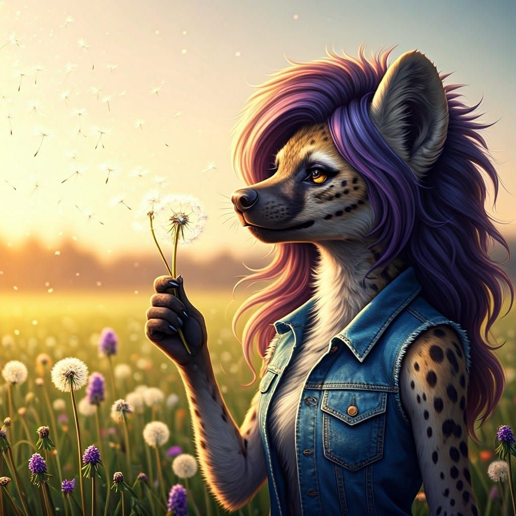 Majestic She-Hyena Blows Dandelion Seeds into Sunrise