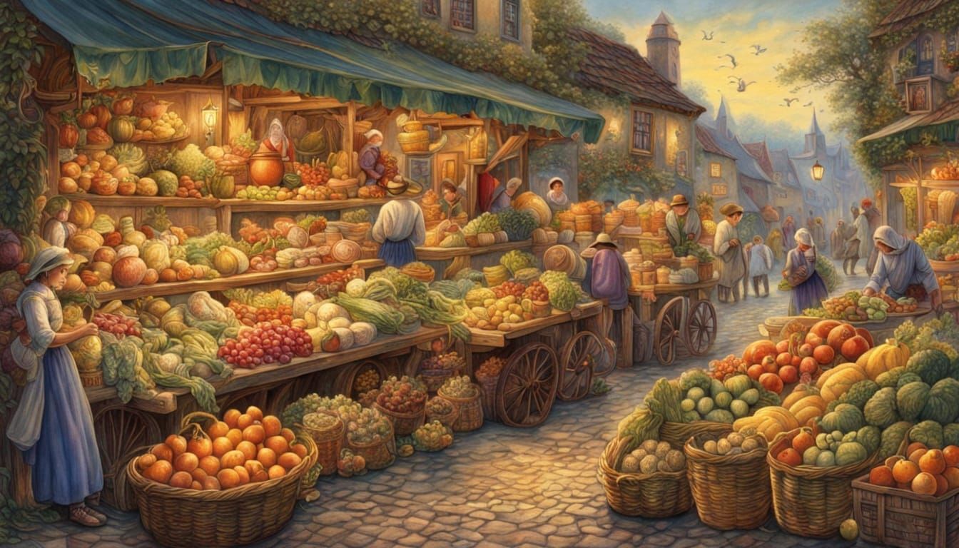 Whimsical Rural Market Scene with Produce and Cheese