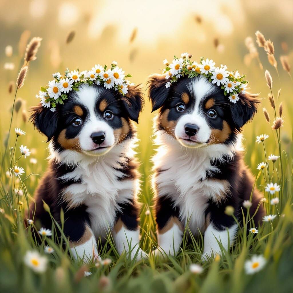 Border Collie Puppies in Meadow, Children's Book Style