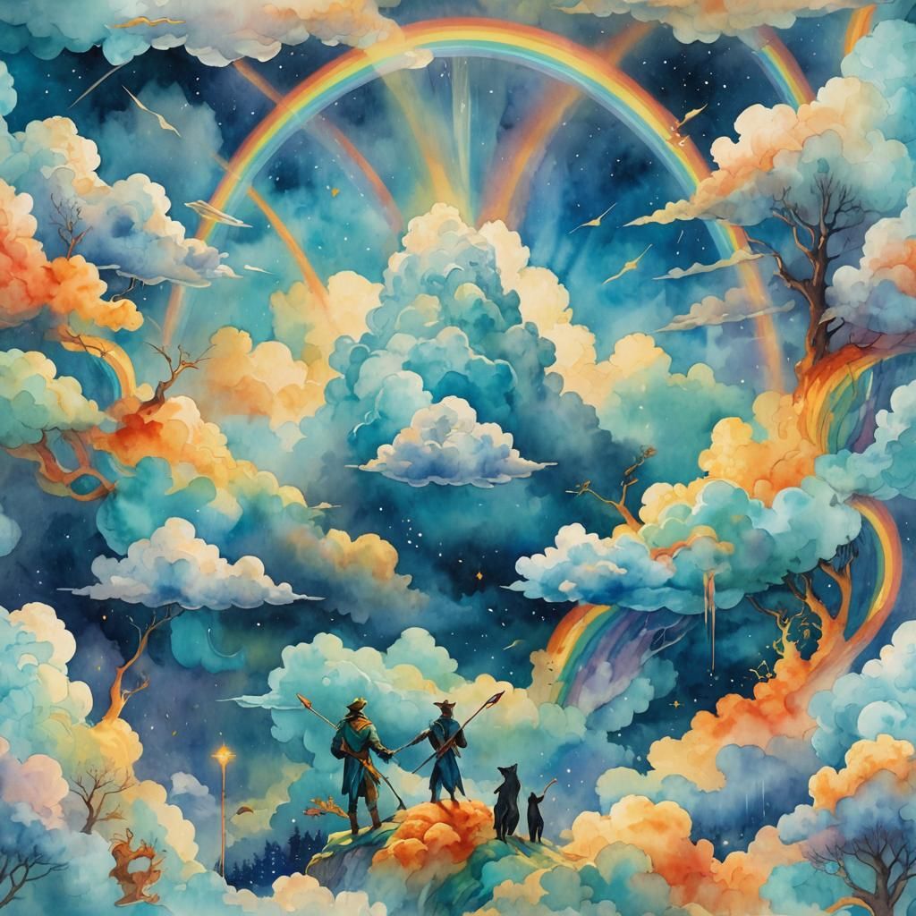 Sky Panther Parting Rainbow in Dreamlike Watercolor