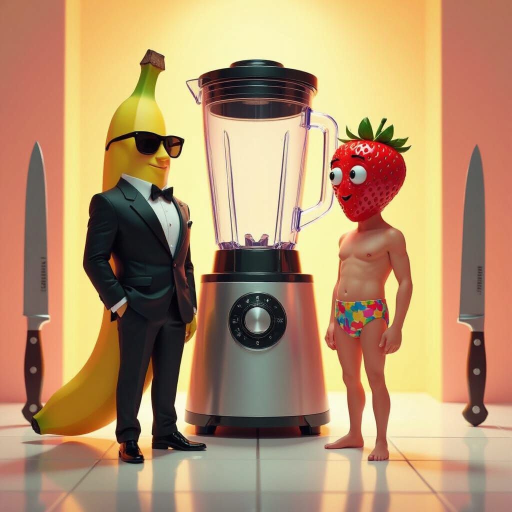 Banana Man vs Strawberry Man in Cartoon Style