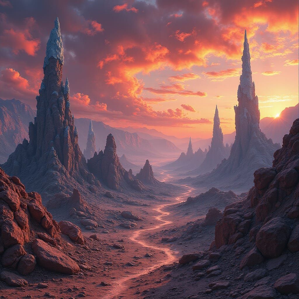 Fantastical Wastes of Kharzomm in Vibrant, Burning Skies