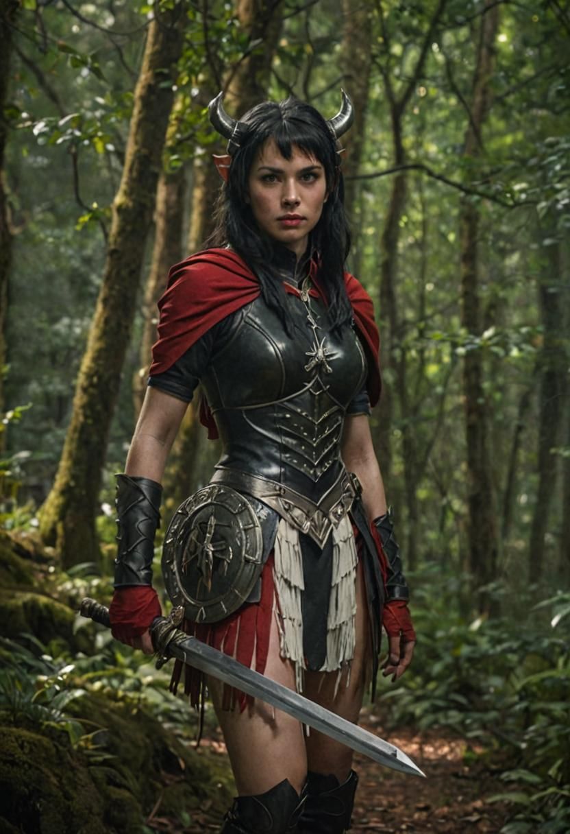 Tiefling Paladin in Forest with Sword