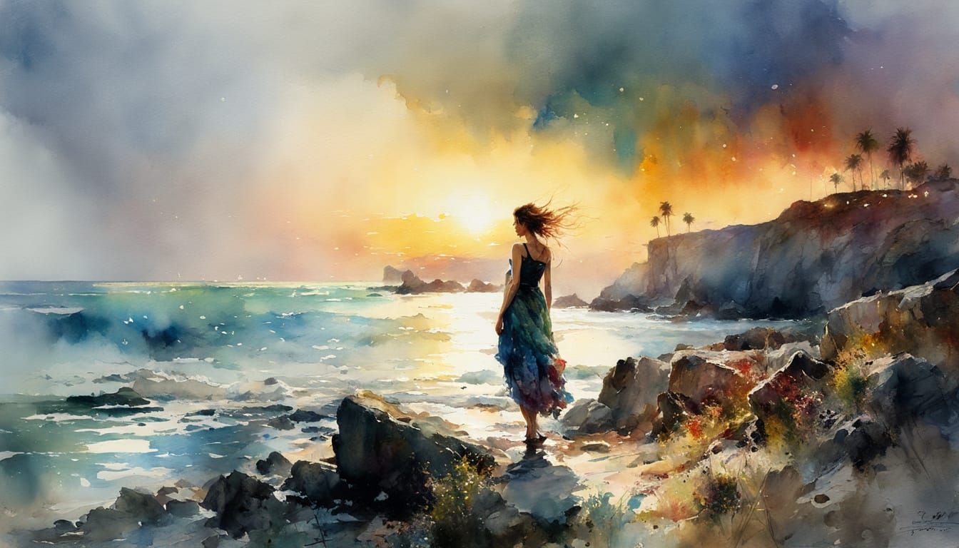 Watercolor Fairytale Woman on Rocky Shore