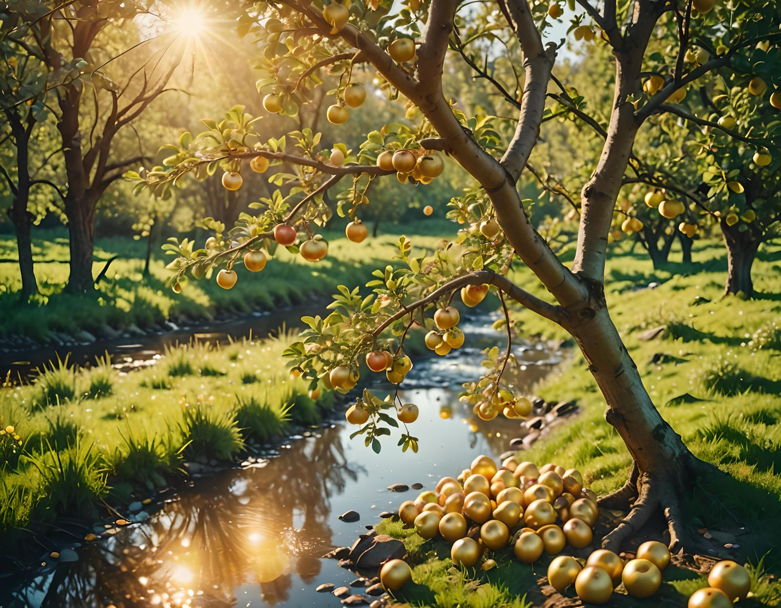 Golden Apple Tree in Sunlit Meadow