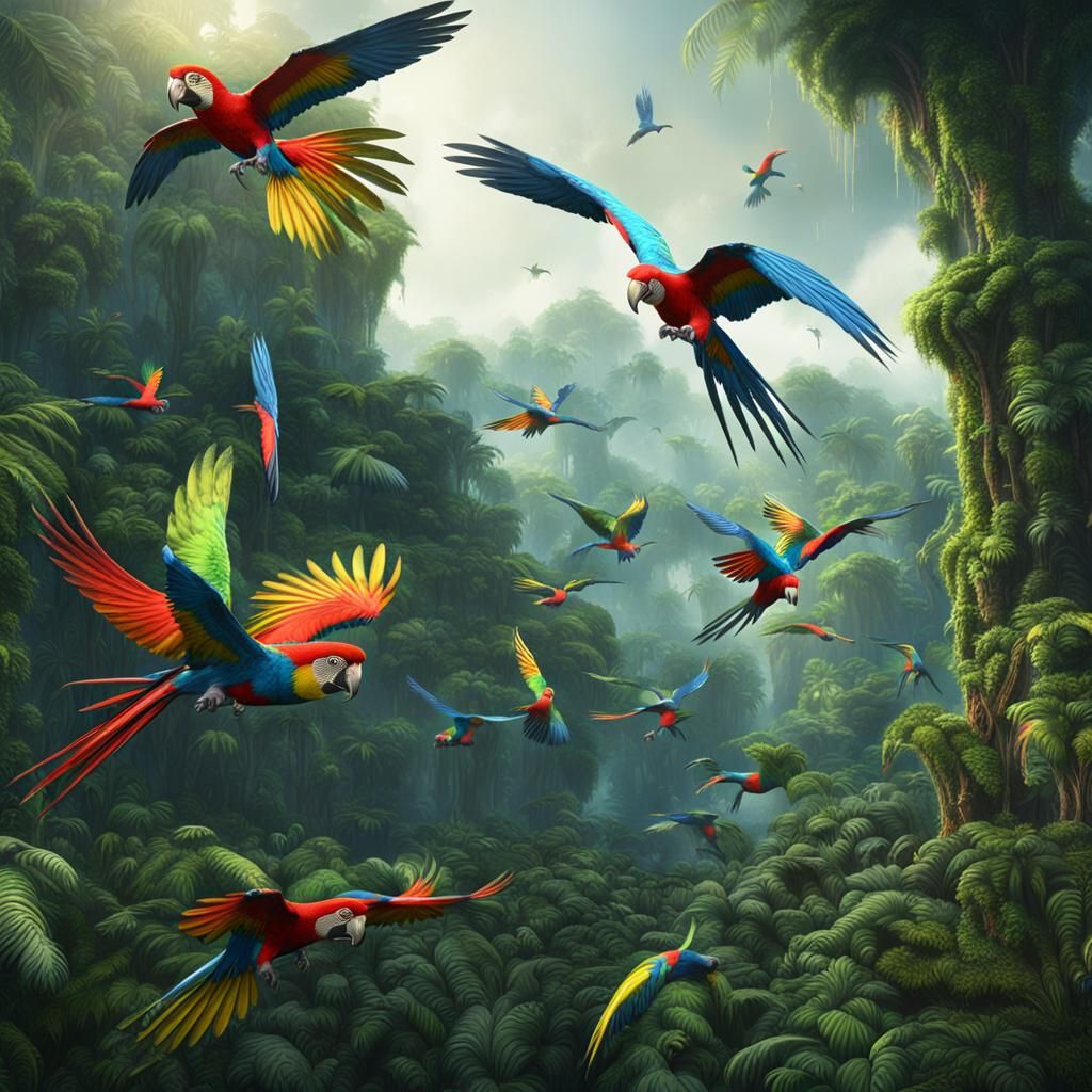 Parrots in a Rainforest: Detailed Fantasy Art