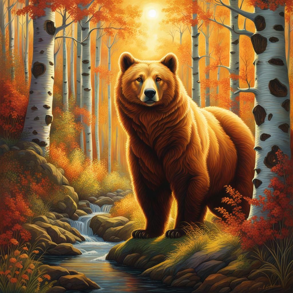 Golden Bear in Magical Birch Woods