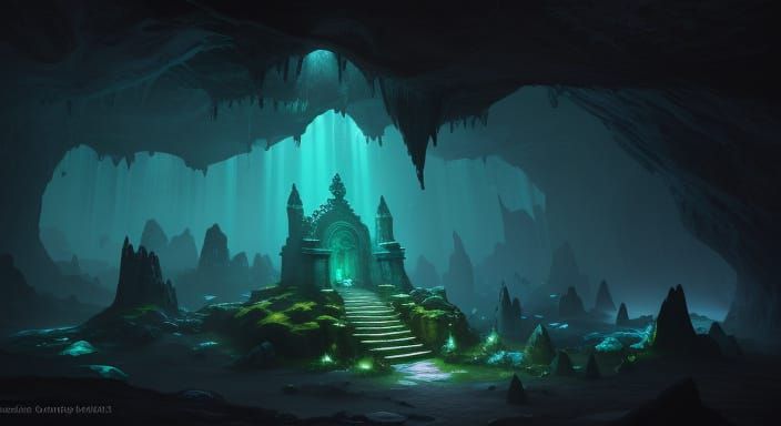 Glowing Gemstone on Ancient Altar in Dark Cavern