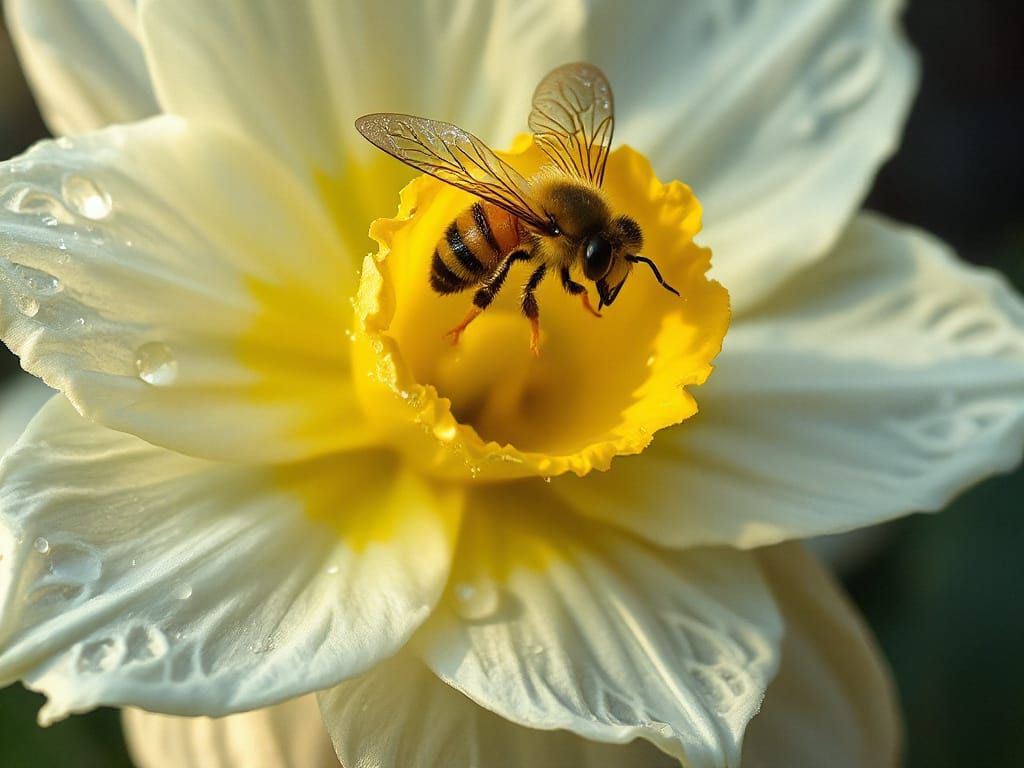Surreal Honey Bee Among Daffodil Petals in Filigree Fractals...