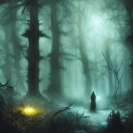 Glowing Ghosts in Dark Forest: Fantasy Art