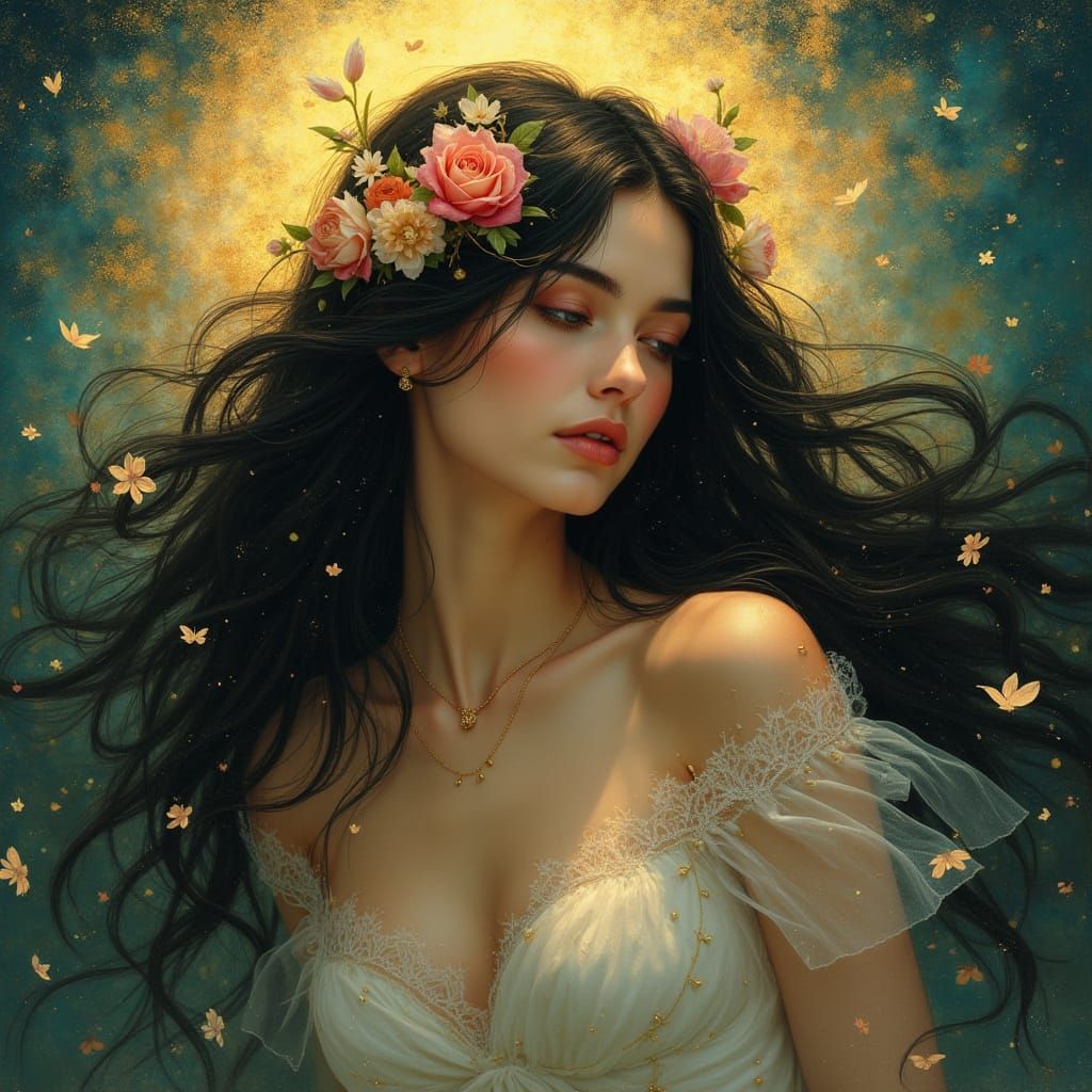 Ethereal Woman Adorned With Flowers in Art Nouveau Style