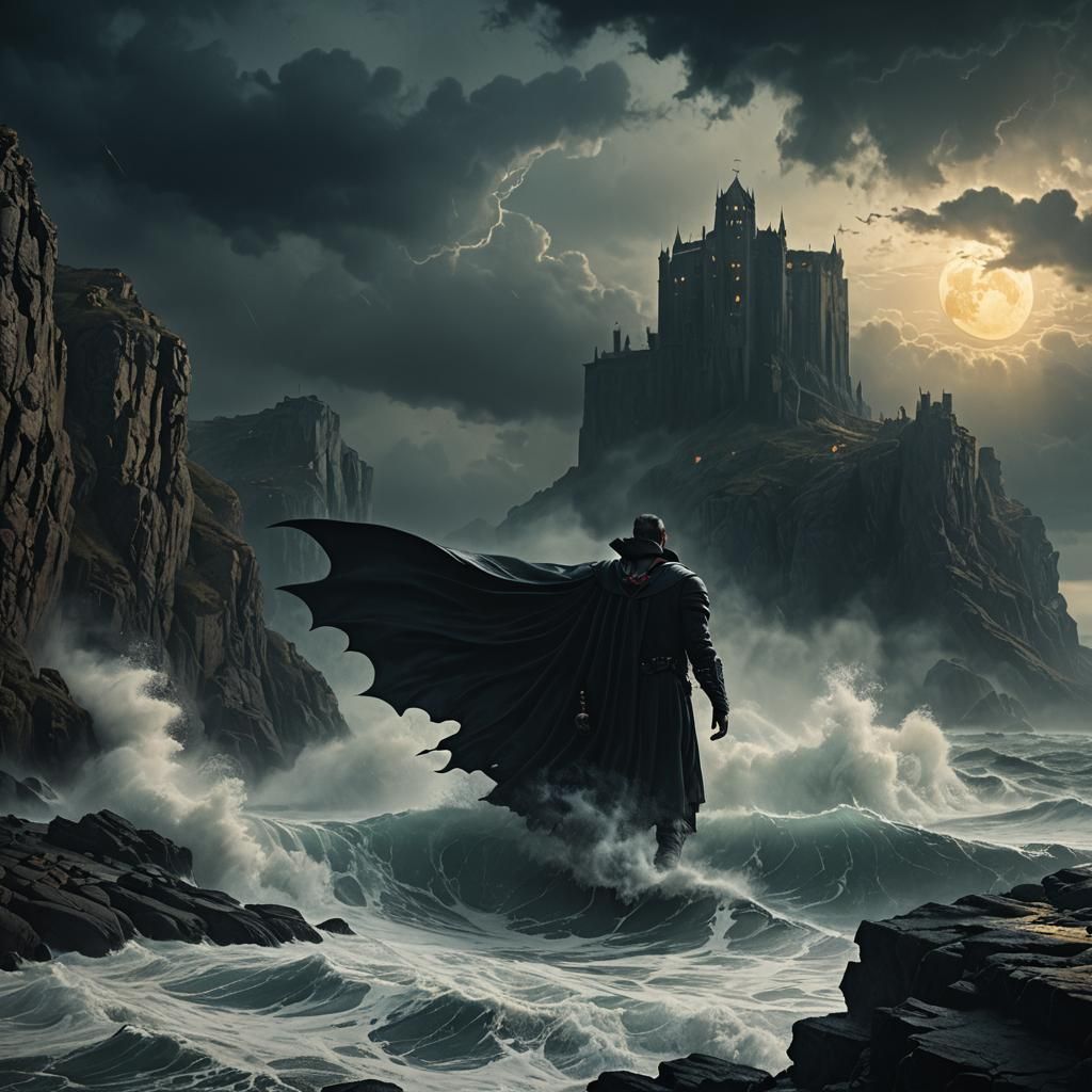 Dracula on Stormy Cliff, in Beksiński Style