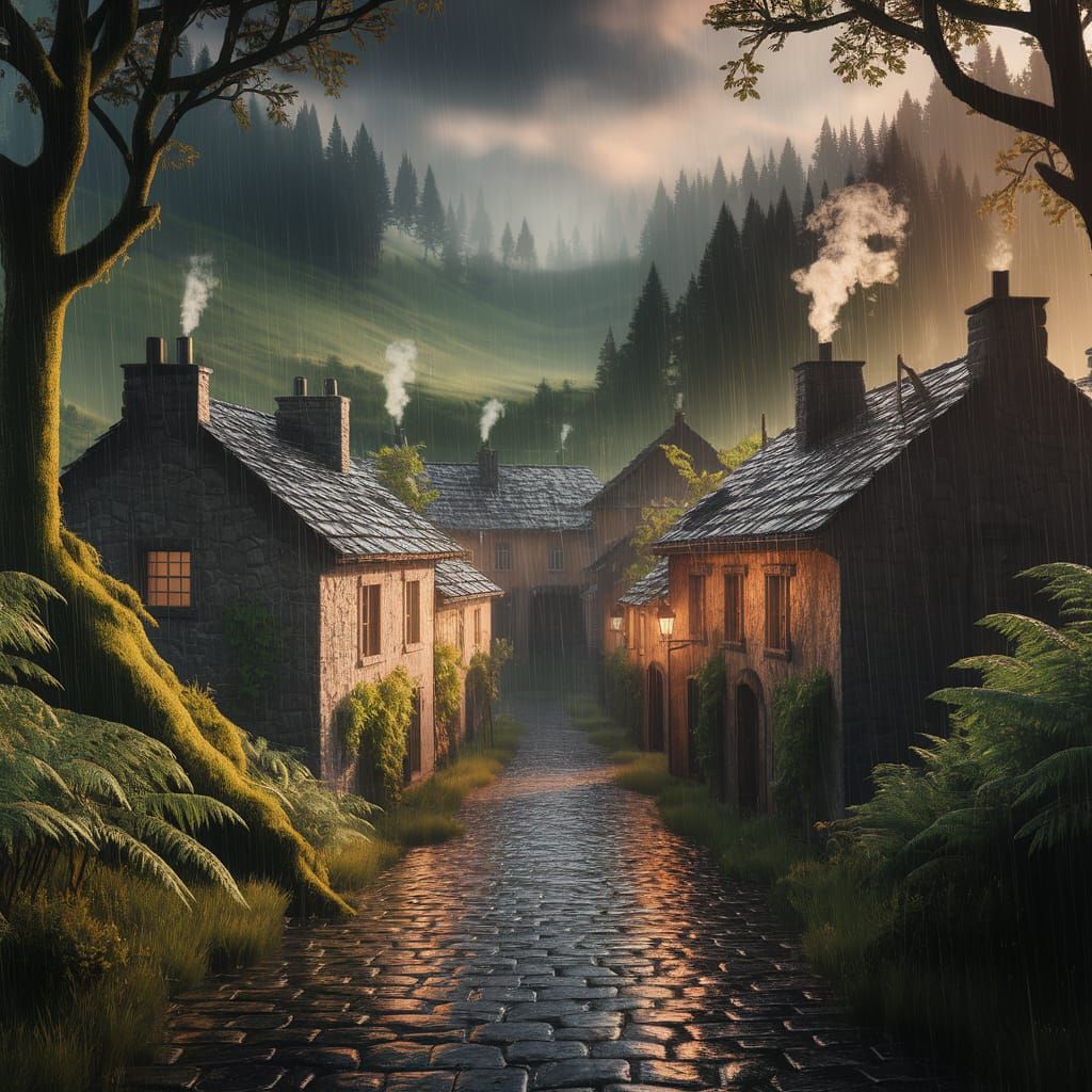 Misty Forest Village Serene in Gentle Rain
