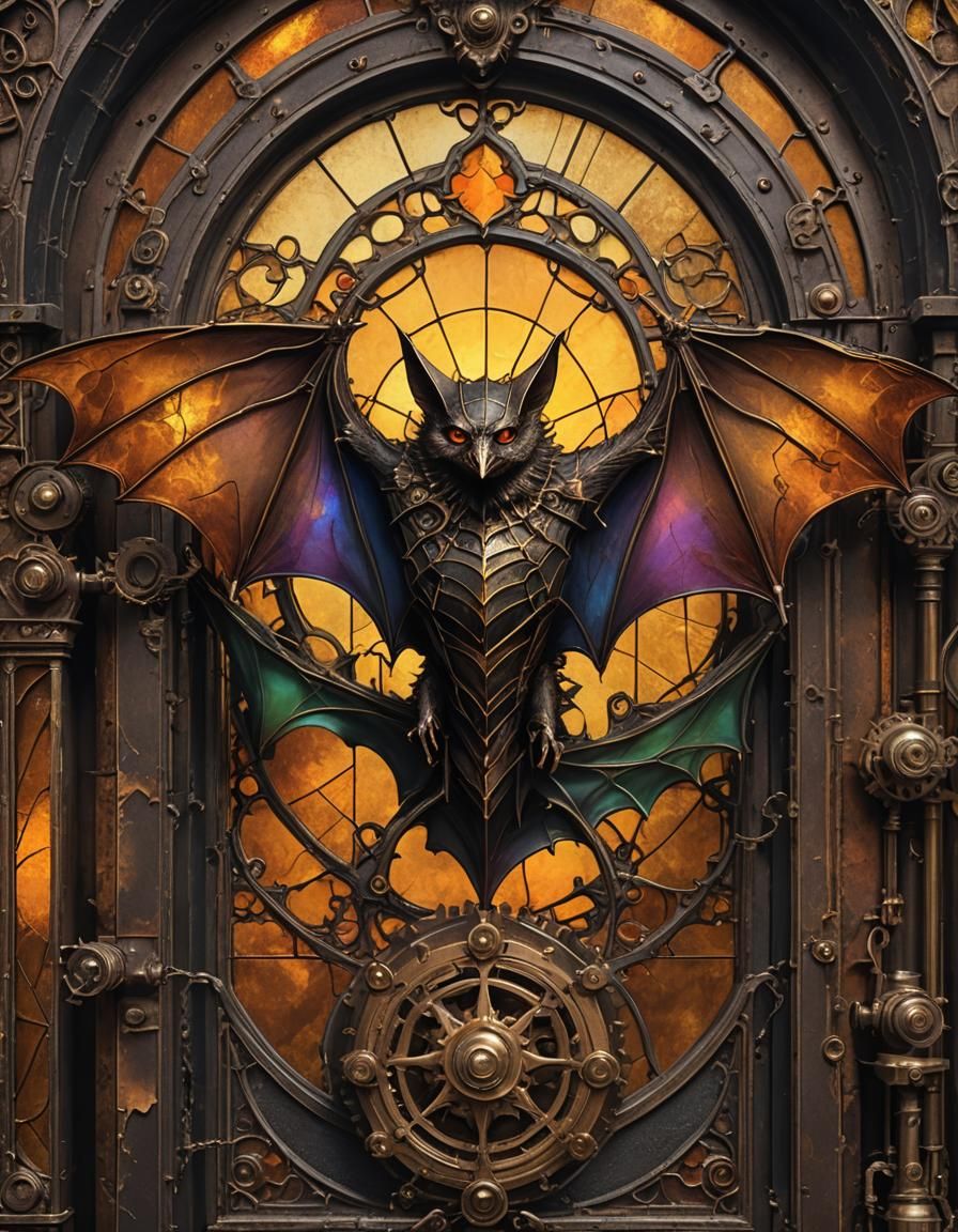 Gothic Steampunk Halloween Bat with Stained Glass Wings