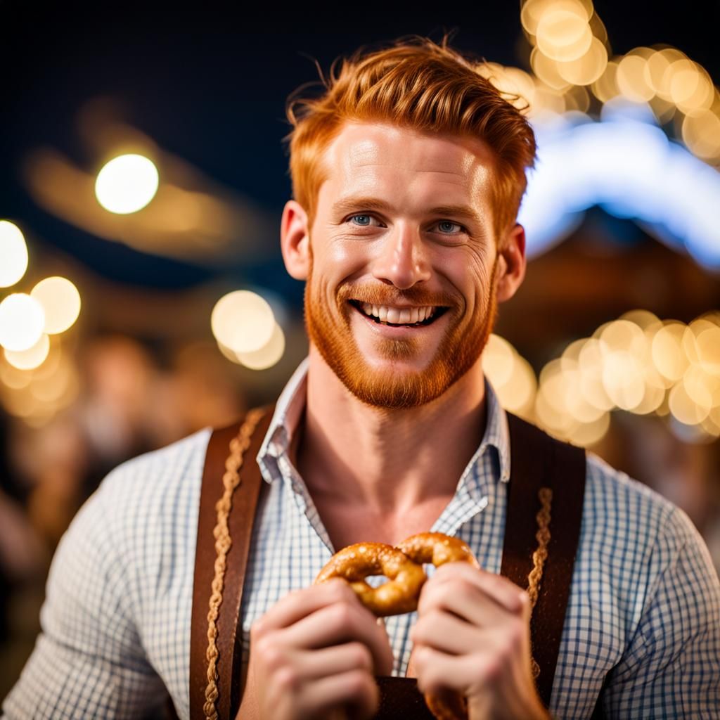 Bavarian Man Eating Pretzel at Oktoberfest, Professional Pho...