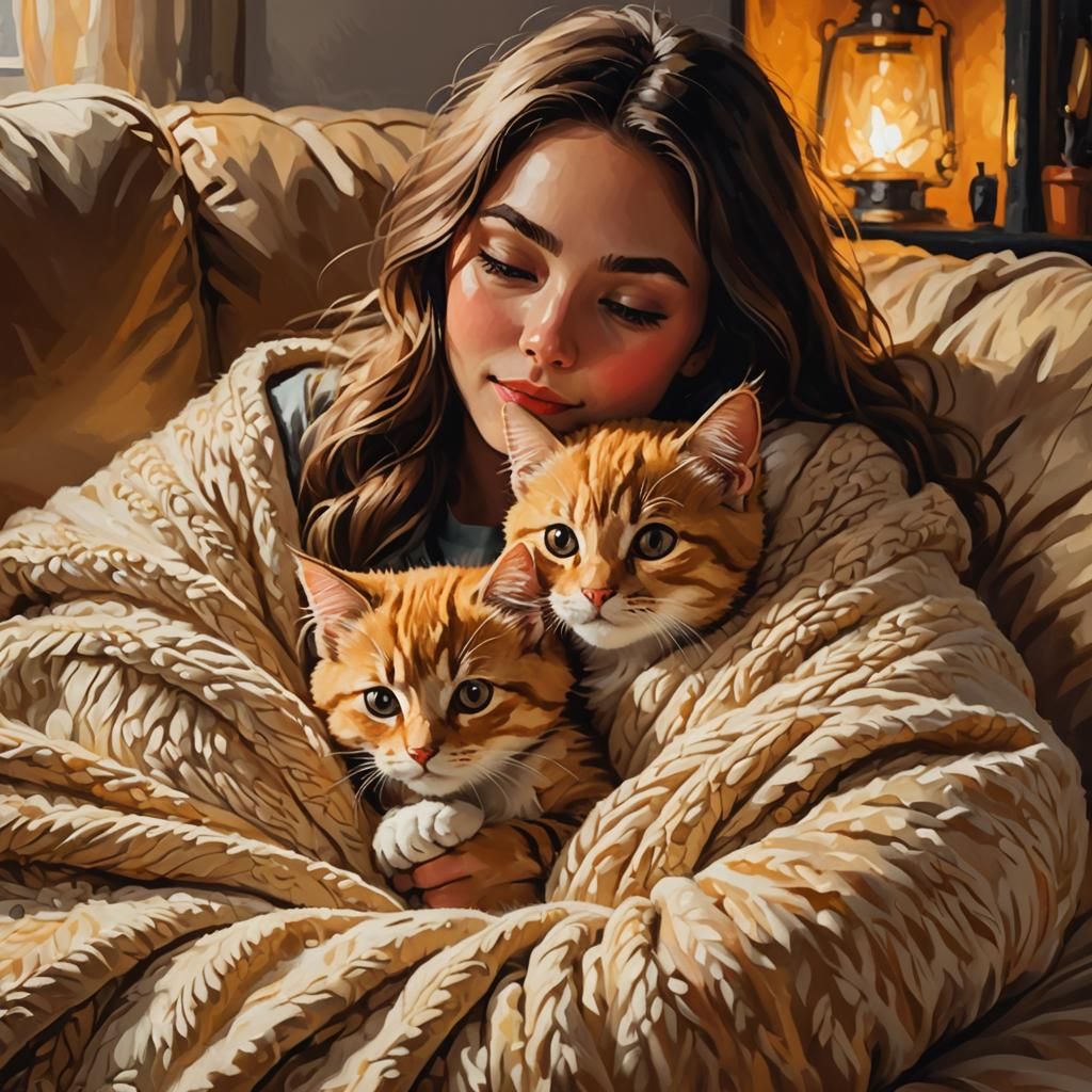 Girl and Kitten Snuggle in Warm Oil Painting