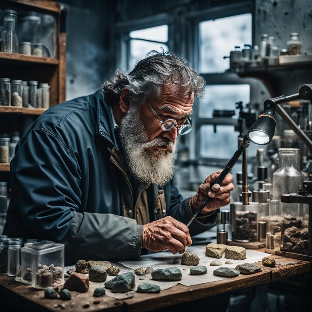 Geologist Inspecting Rock Samples on Rainy Day