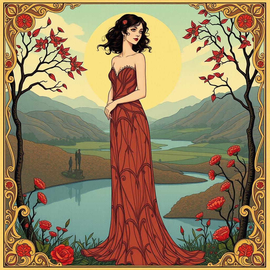 Elegant Woman in Art Nouveau Landscape