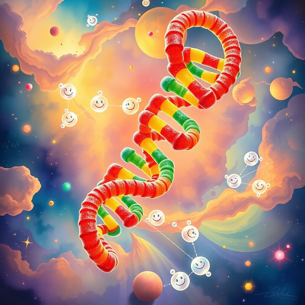 Surreal DNA Double Helix Swirls Through Cosmic Nebula in Vib...
