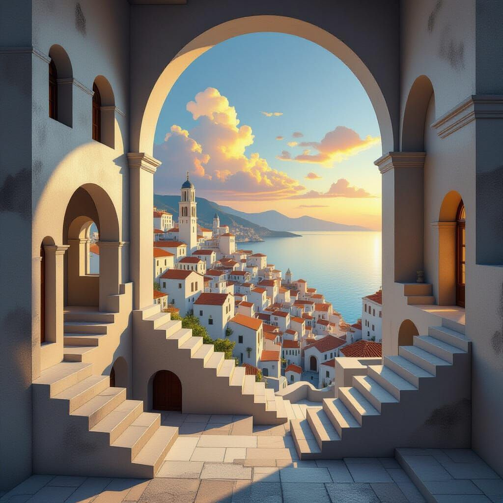 Escher-Inspired Surreal Mediterranean Cityscape at Dusk