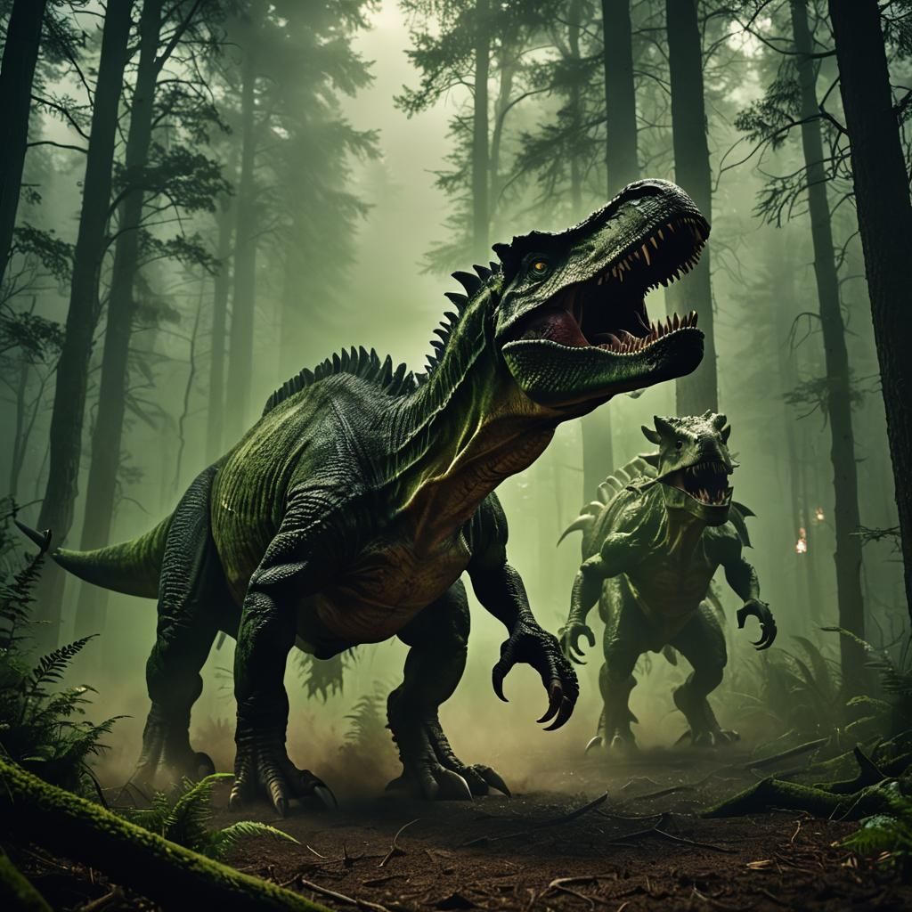 Terrifying T-Rex Triceratops Hybrid Roaring in Mist