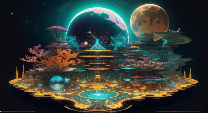 Cosmic Lunar Resort in Graphic Novel Style