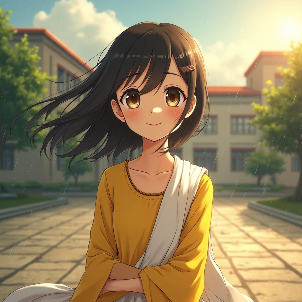 Anime Girl in Rain, School Building Backdrop