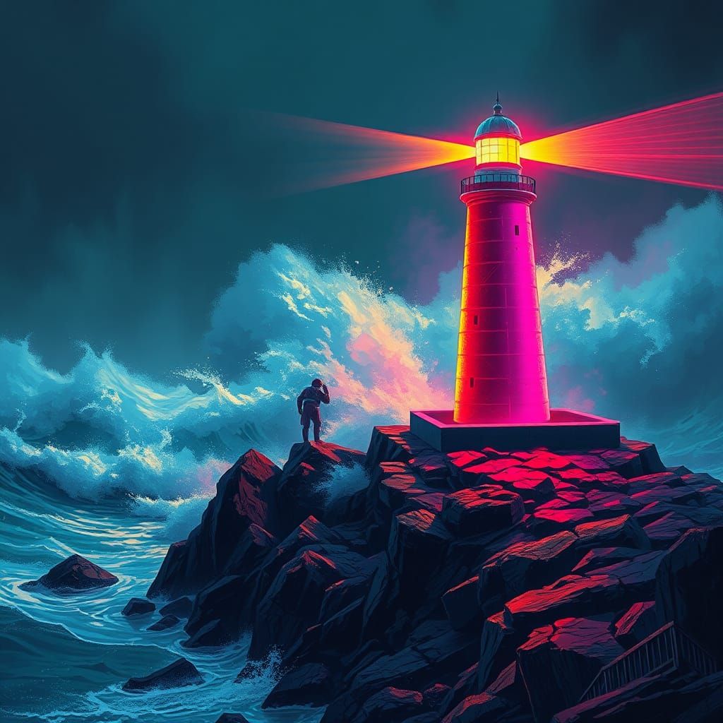 Neon Lighthouse Illuminates Stormy Coastline in Surreal Styl...