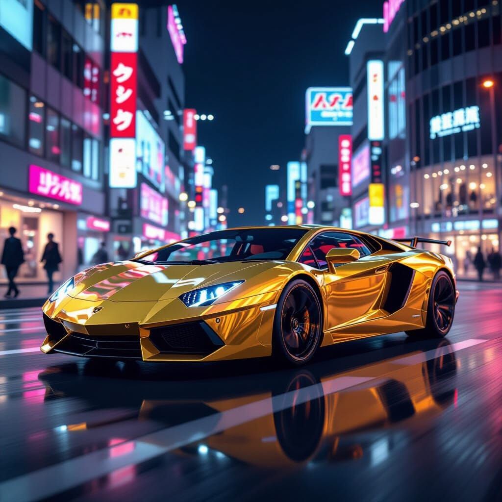 Golden Lamborghini Speeds Through Neon Tokyo Streets