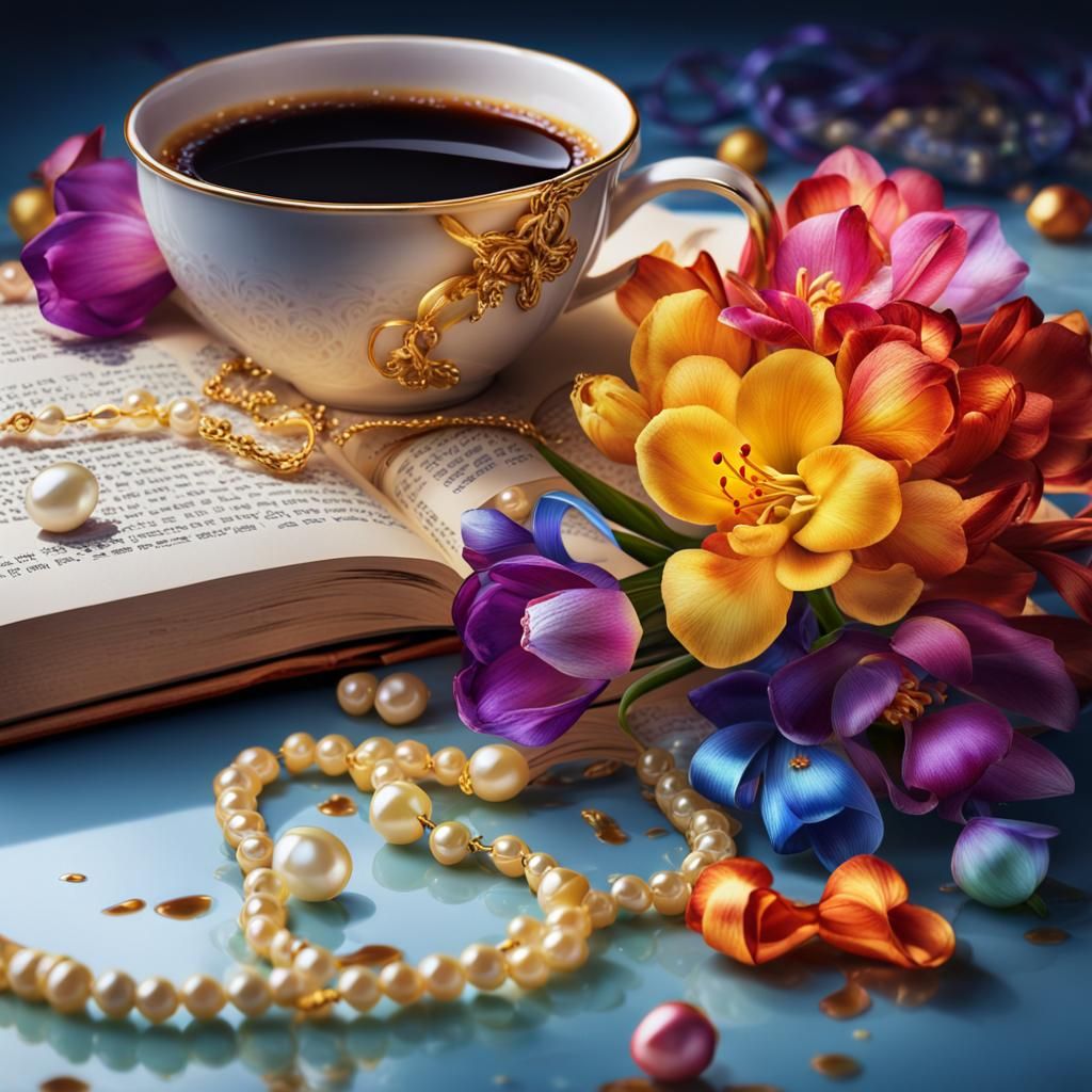 Hyperrealistic Freesias with Pearls and Coffee, Splash Art