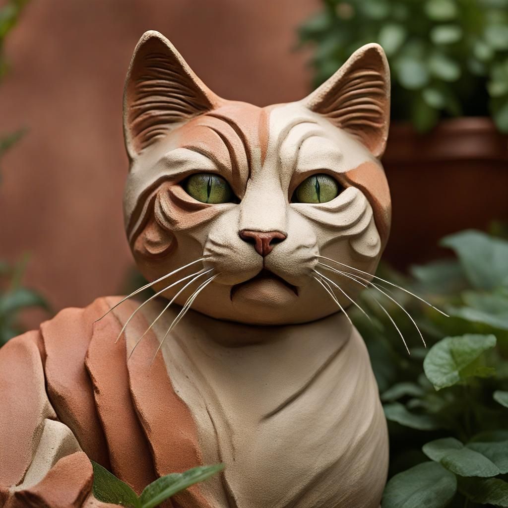 Clay Cat Portrait with Bokeh in Natural Garden