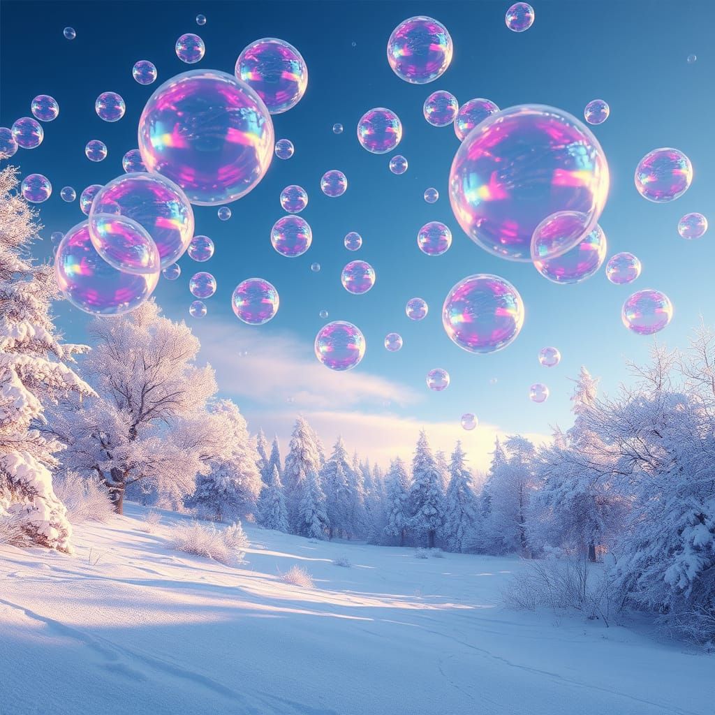 Vibrant Iridescent Bubbles Ascend Snowy Winter Wonderland