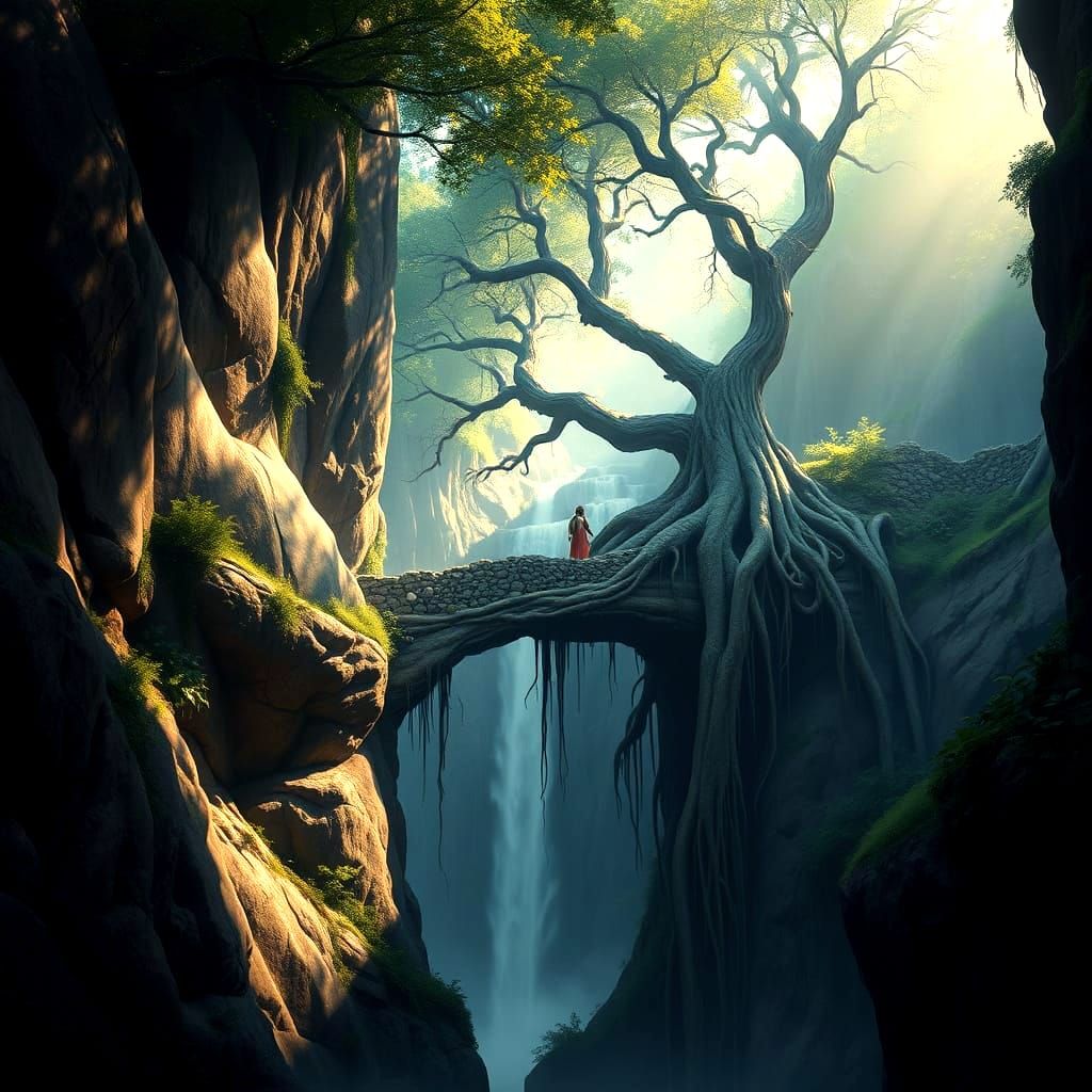 Stone Bridge Over Ancient Ravine in Ethereal Fantasy Landsca...