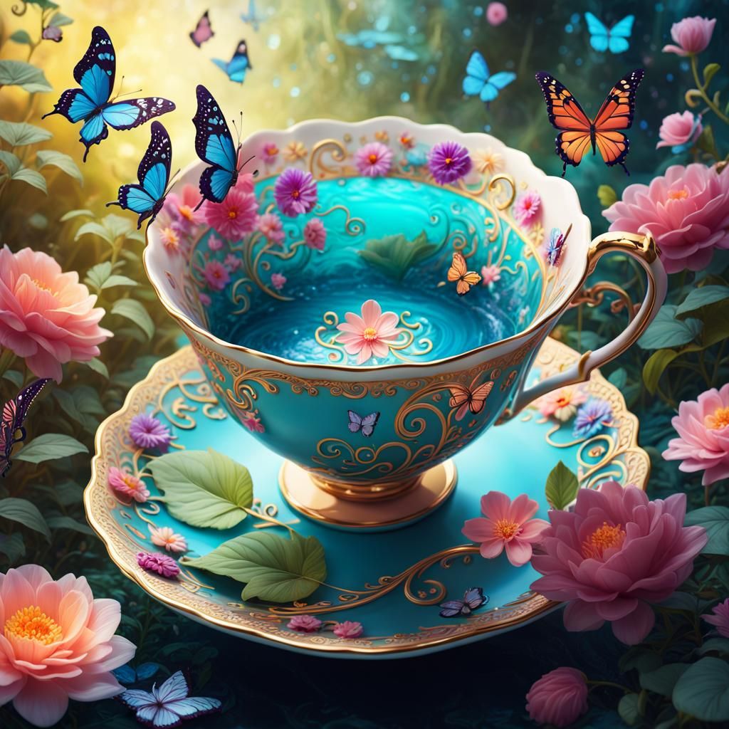 Enchanted Teacup in a Vibrant Fantasy Garden