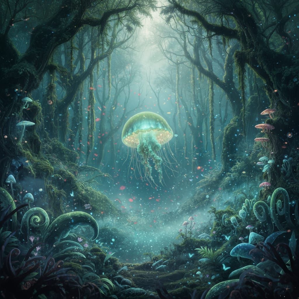 Bioluminescent Jellyfish in Enchanted Twilight Forest