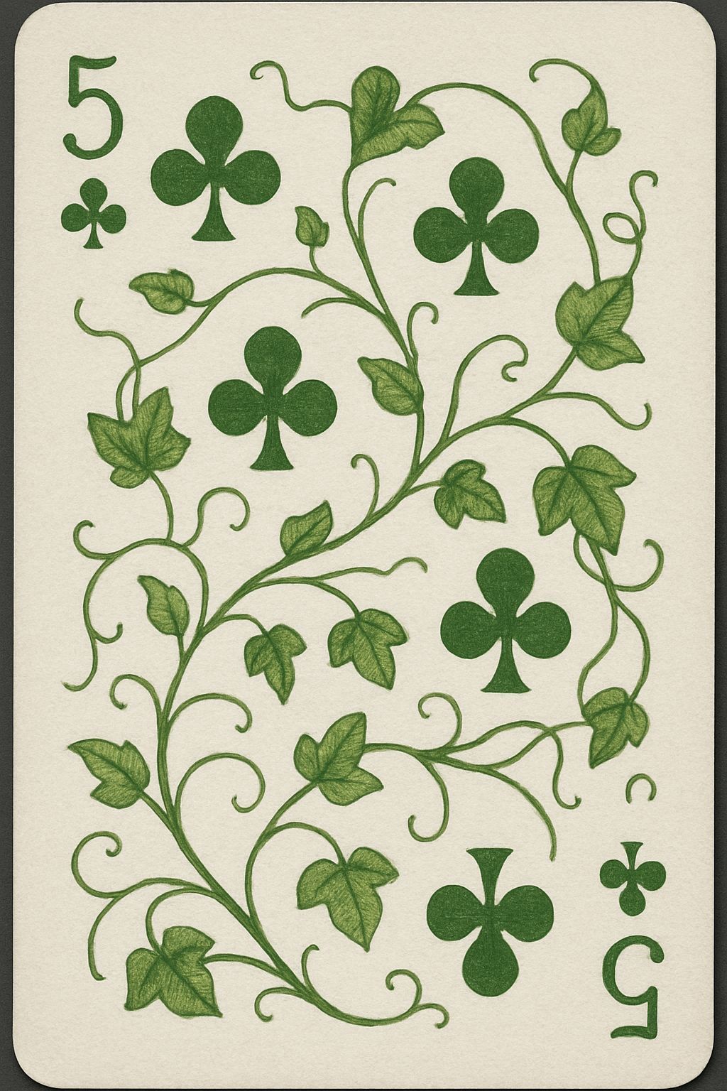 Five of Clubs Playing Card with Green Clovers and Vines