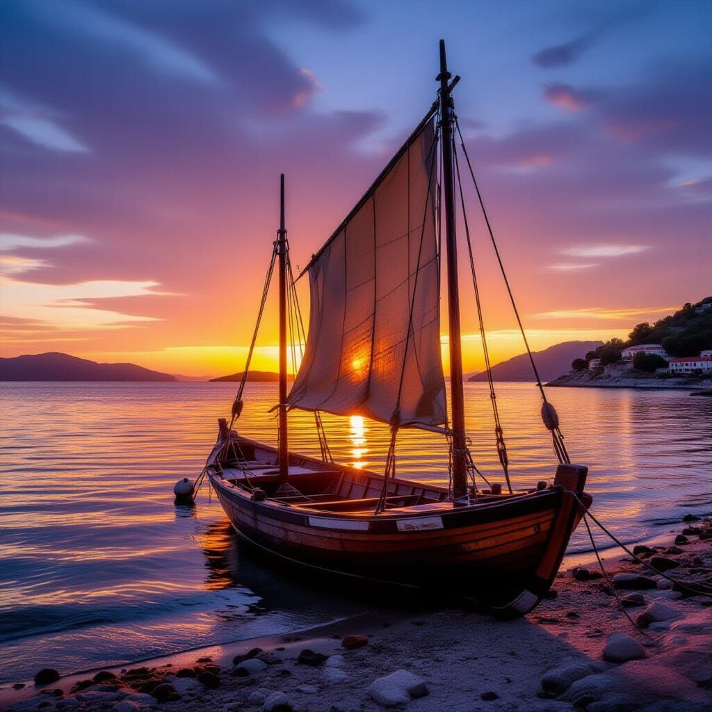 Ancient Sailboat at Sunset in Monaco Bay