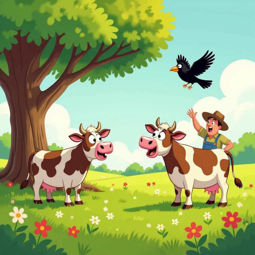 Cartoon Cows, Crow, and Farmer in Meadow