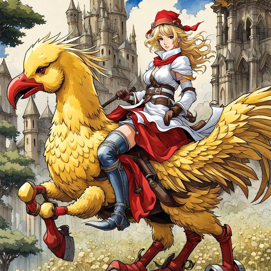 White Mage on Chocobo in Anime Style